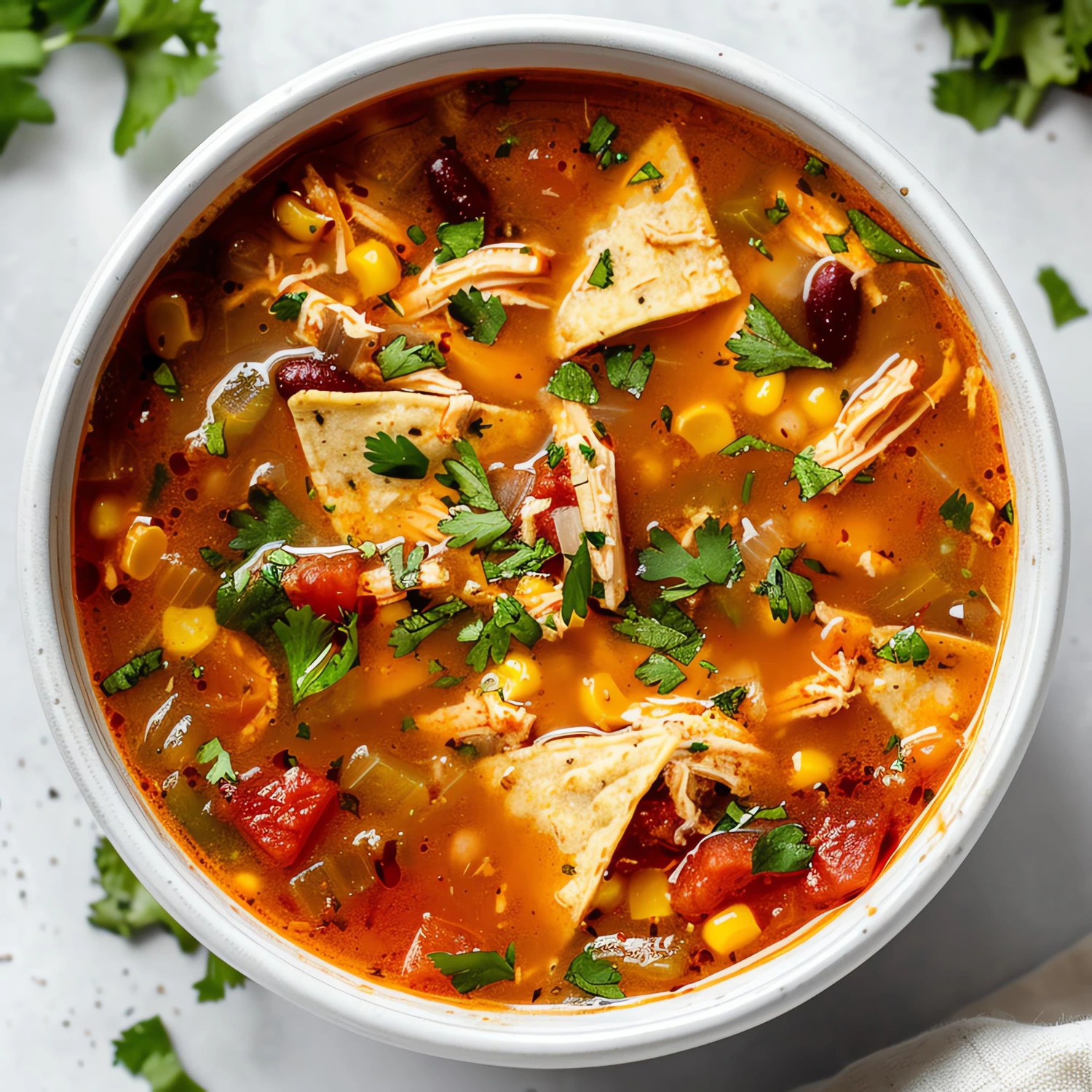 A bowl of creamy chicken poblano soup garnished with fresh cilantro, avocado slices, and crispy tortilla strips.