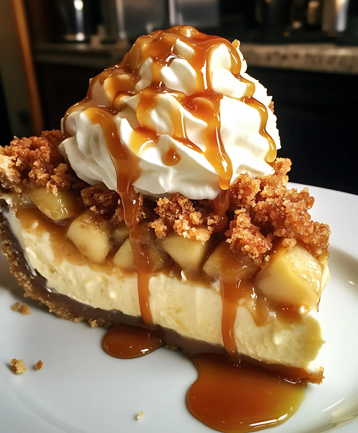 A delicious slice of churro cheesecake dusted with cinnamon sugar, served on a white plate with a golden crust.