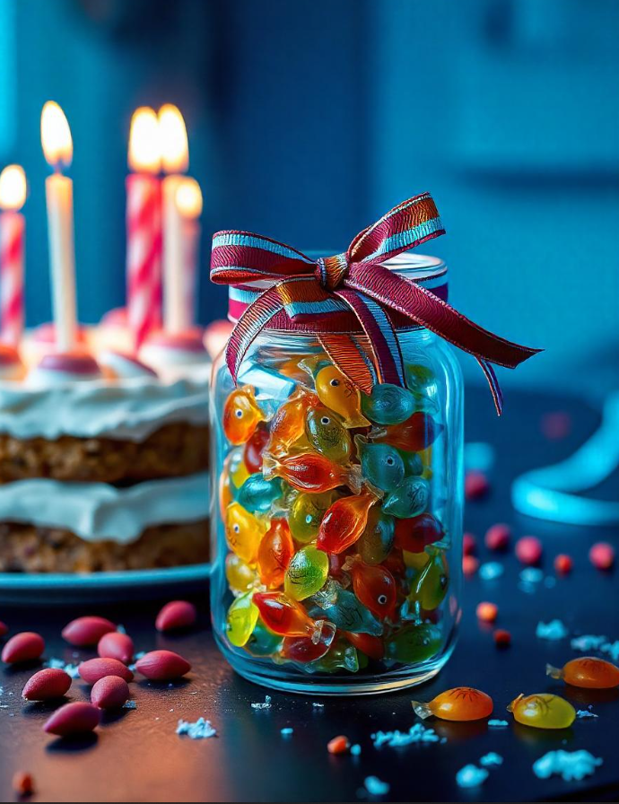 A colorful bag of Swedish Fish candy spilling onto a table, showcasing bright red, fish-shaped gummies.