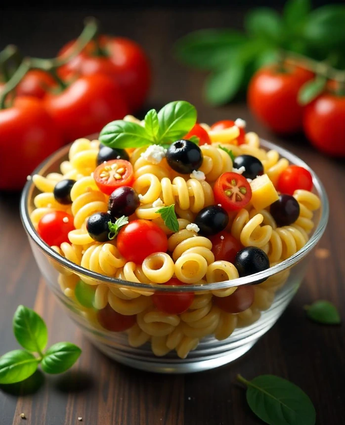 A bowl of cooked ditalini pasta with fresh herbs and parmesan.