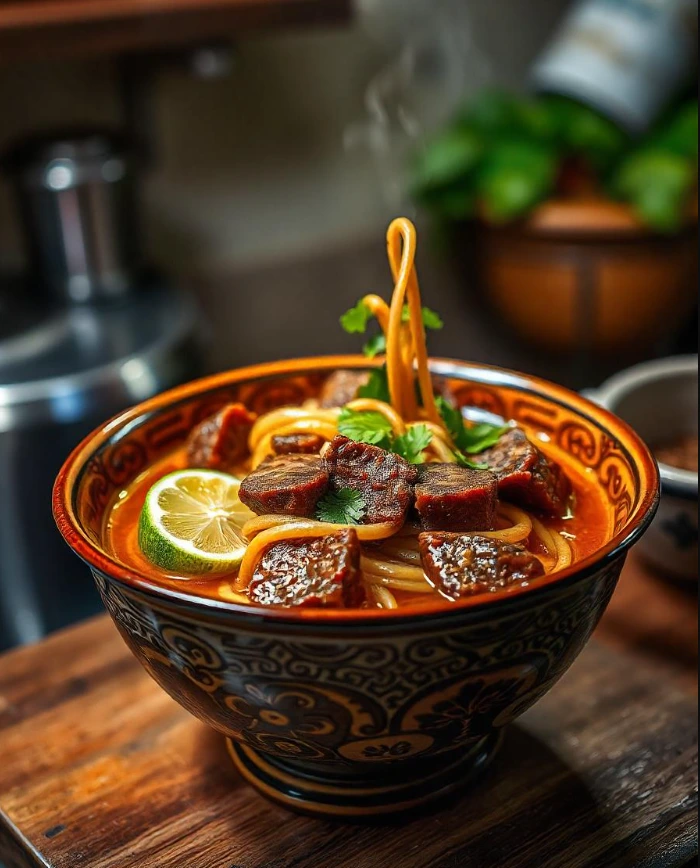 A bowl of steaming Birria Ramen garnished with fresh cilantro, lime wedges, and shredded cheese.