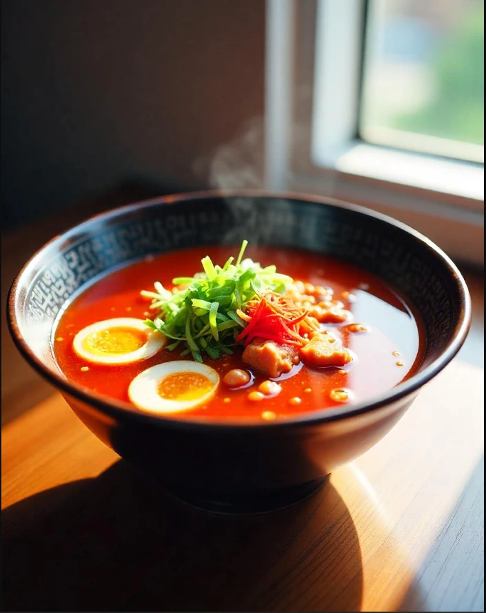 A steaming bowl of birria ramen garnished with cilantro, lime, and chili oil.