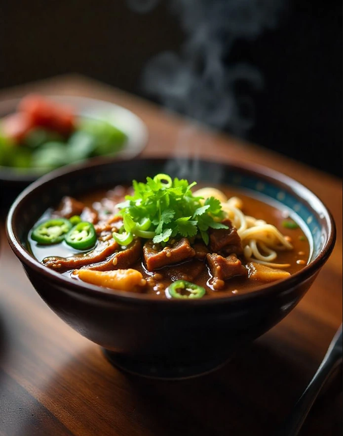 A steaming bowl of birria ramen topped with cilantro, lime, and shredded meat.