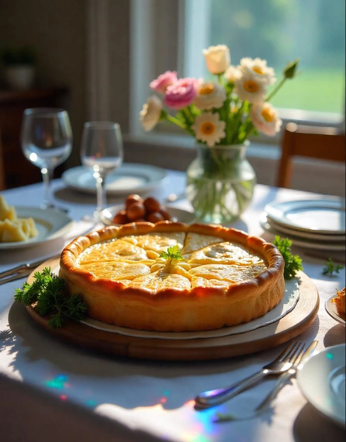 A beautifully baked Passover Potato Pie with a golden-brown crispy crust, garnished with fresh parsley, served on a festive table setting.