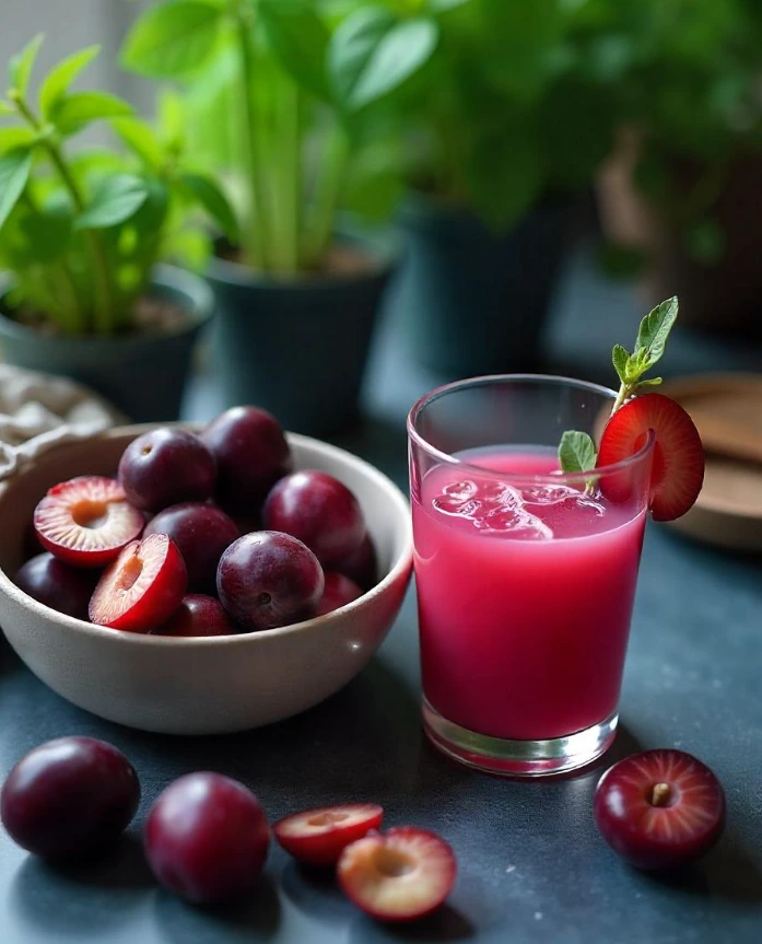 A glass of fresh homemade plum juice surrounded by ripe plums and a juicer.