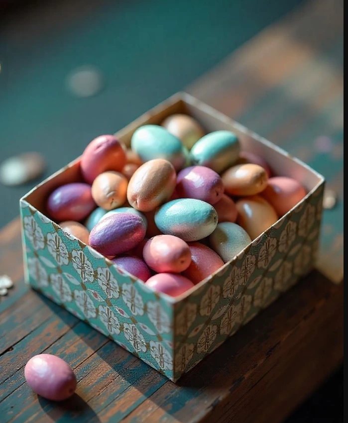 A bowl of colorful Jordan almonds on a white table, perfect for celebrations.