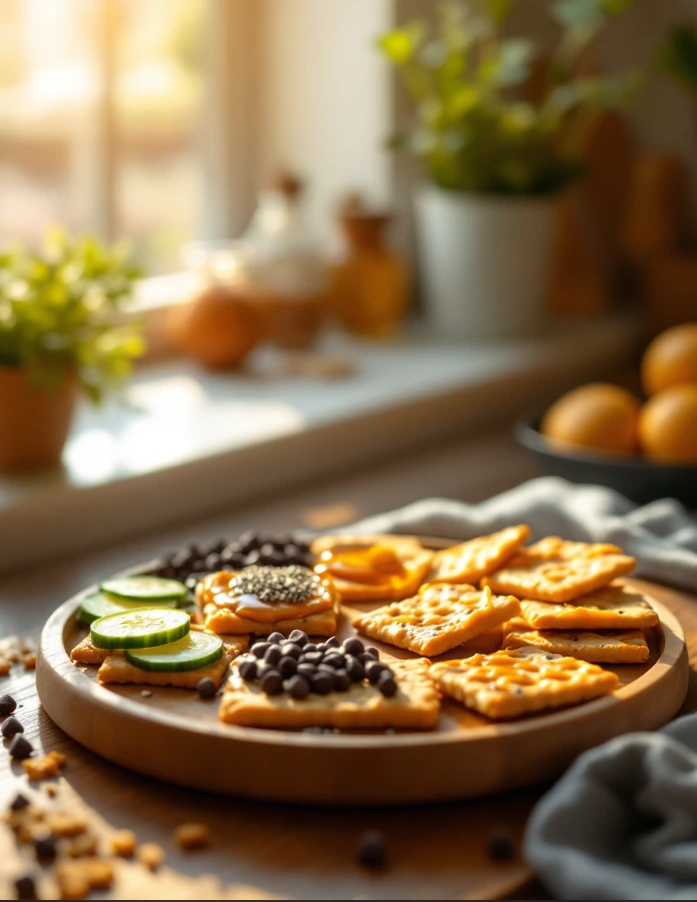 A platter of peanut butter crackers with sweet and savory toppings in a modern kitchen setting.