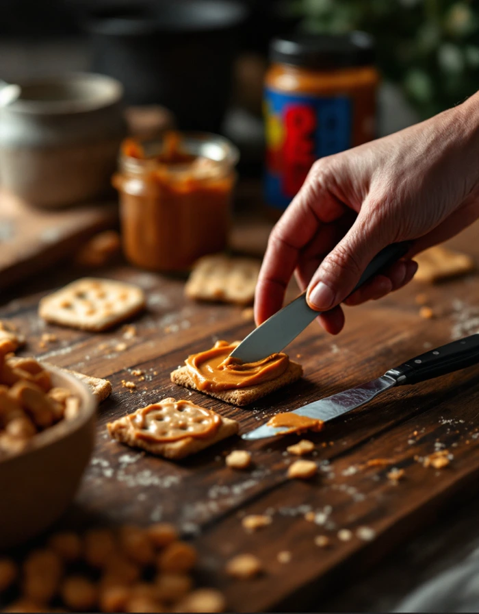 Step-by-step preparation of peanut butter crackers with creamy peanut butter spread on a cracker.
