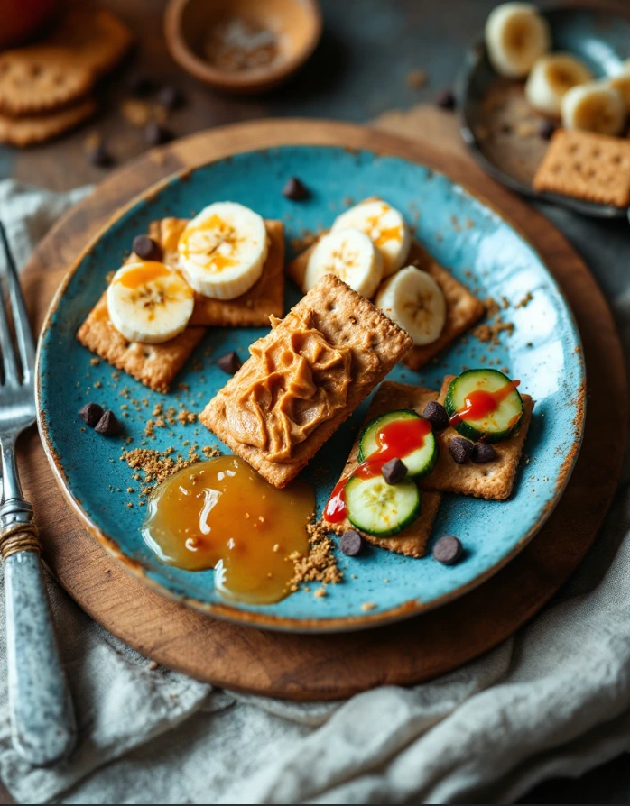 A plate of peanut butter crackers featuring creative variations: sweet and savory toppings.