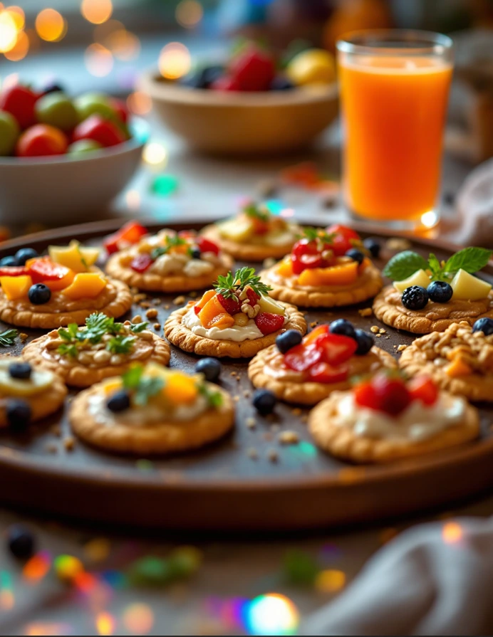 A party platter of peanut butter crackers with diverse toppings, perfect for entertaining guests.