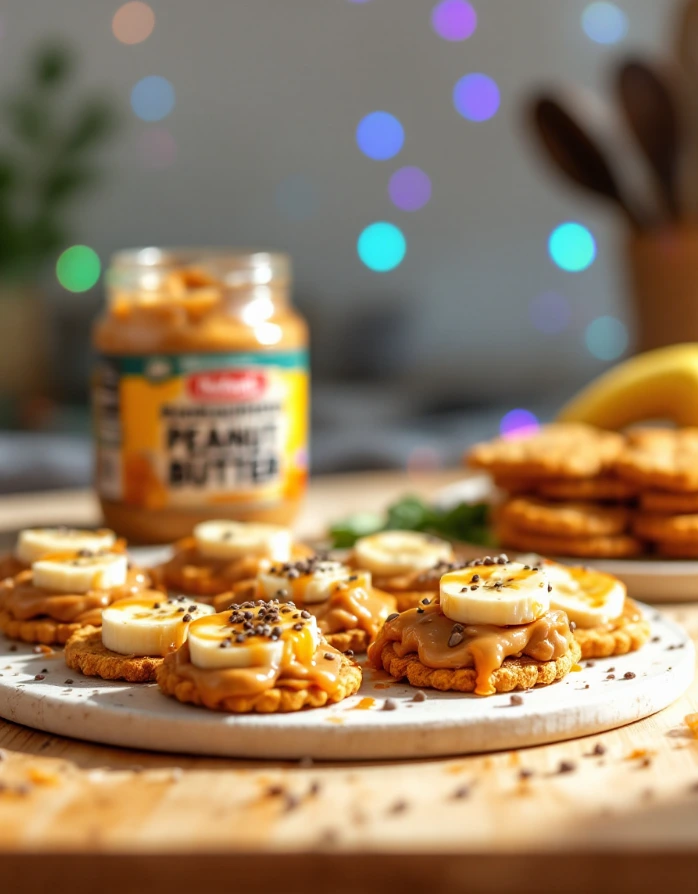 A platter of homemade peanut butter crackers with toppings like bananas and chia seeds on a wooden countertop in a cozy kitchen.