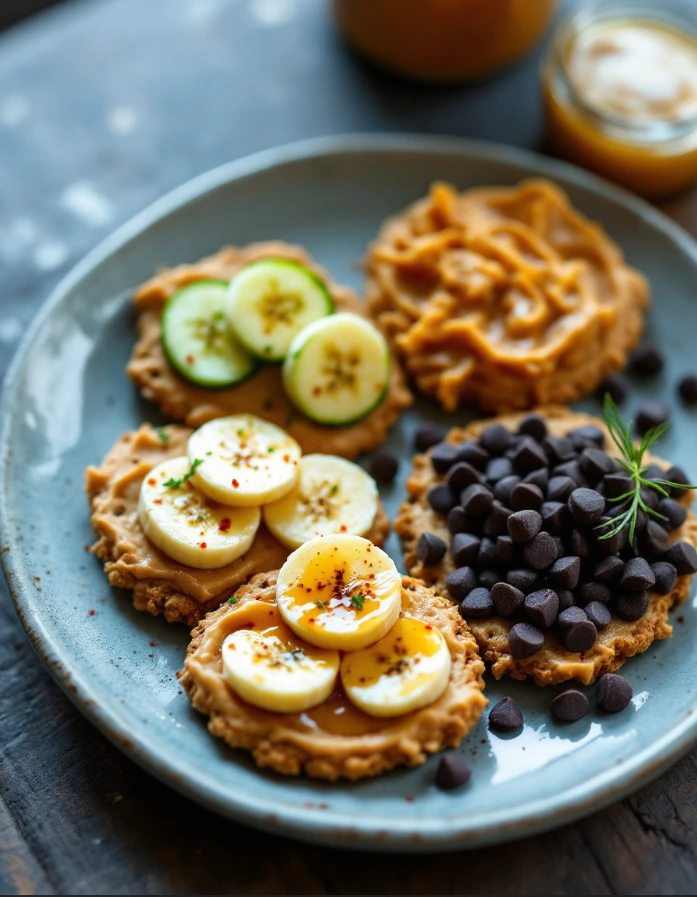 A plate showcasing creative variations of homemade peanut butter crackers, including sweet and savory options like bananas, cucumbers, and dark chocolate.