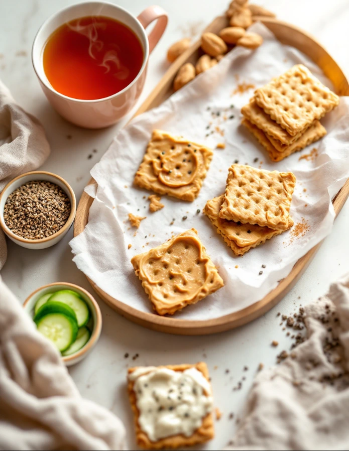 A tray of homemade peanut butter crackers with bowls of toppings and a cup of tea in a cozy kitchen setting.