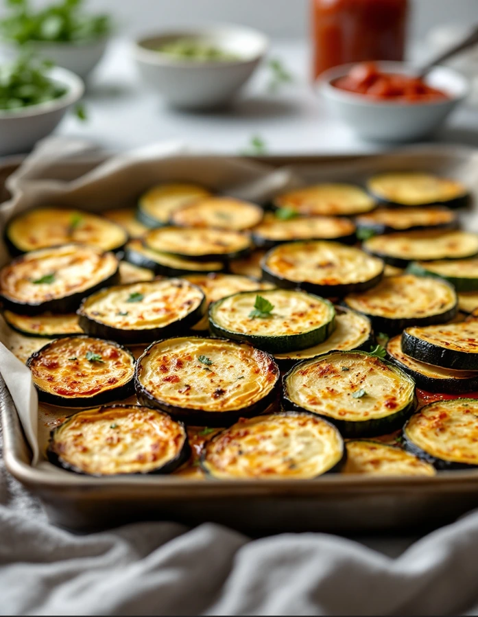 Roasted zucchini and eggplant slices on a baking tray, surrounded by bowls of fresh herbs and marinara sauce.