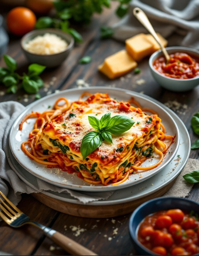 Low-carb vegetable lasagna garnished with basil leaves, surrounded by small bowls of parmesan cheese and tomato sauce.
