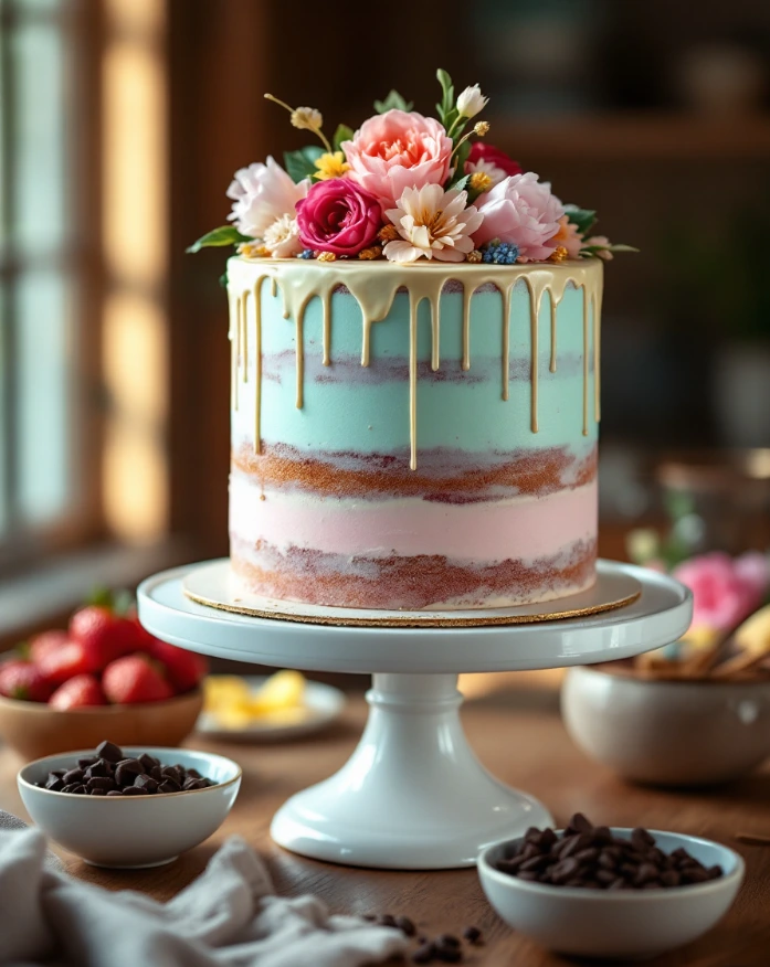 Elegant layer cake with pastel frosting, edible flowers, and gold accents on a white stand.