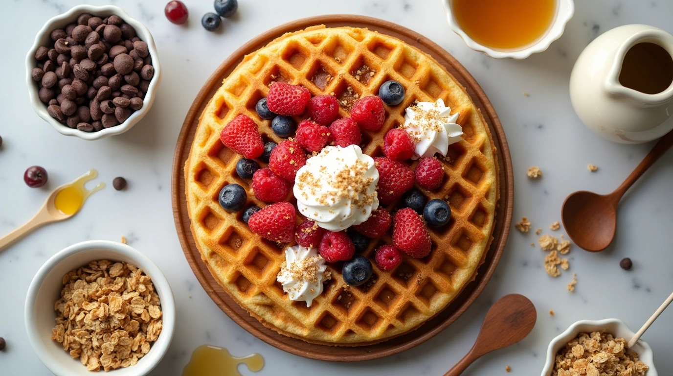 "A close-up of golden-brown French toast made with sourdough bread, topped with fresh berries, powdered sugar, and a drizzle of maple syrup on a rustic wooden plate.