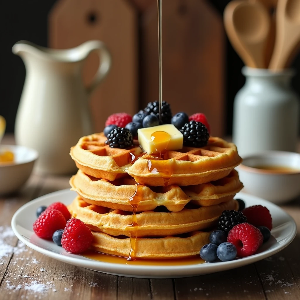 A close-up of golden-brown French toast made with sourdough bread, topped with fresh berries, powdered sugar, and a drizzle of maple syrup on a rustic wooden plate.