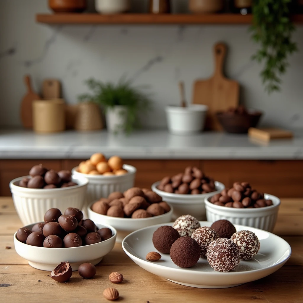 Assorted chocolate treats on a rustic wooden counter with a modern kitchen in the background.
