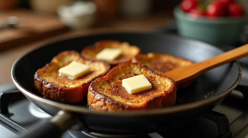 Sourdough French toast slices cooking in a skillet with butter.