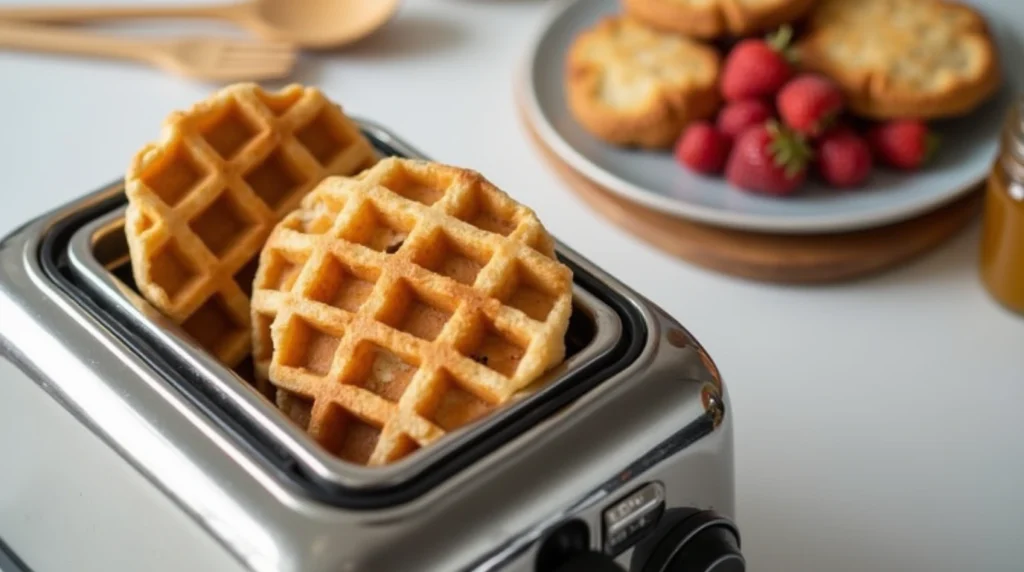 Frozen waffles being toasted in a stainless steel toaster on a kitchen counter.