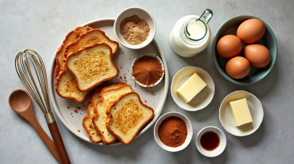 Ingredients for sourdough French toast including bread, eggs, milk, and spices on a wooden counter.
