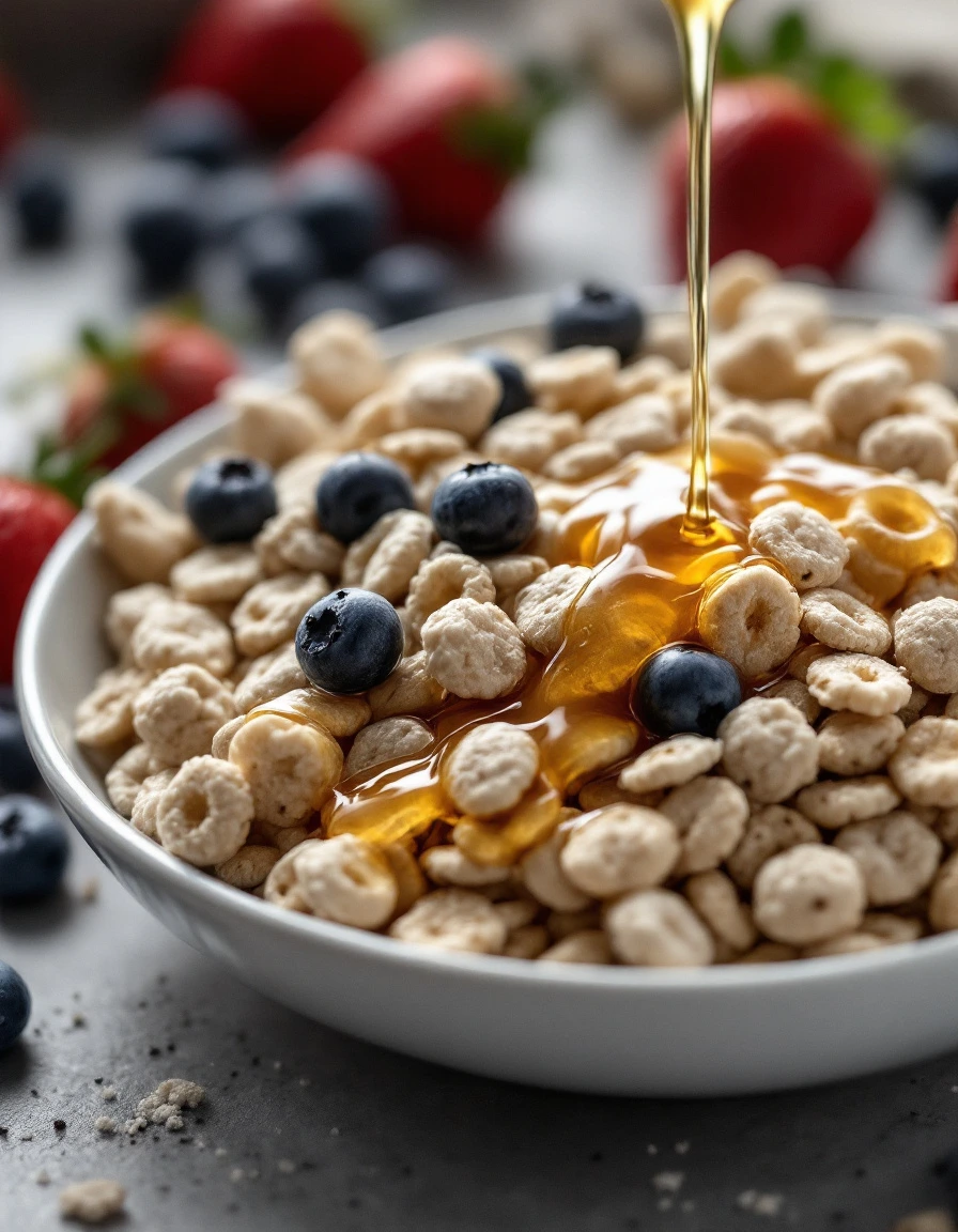 A bowl of cereal with fresh fruits and nuts, showcasing its protein content.