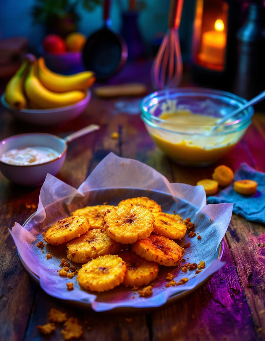 Rustic kitchen setup with fried bananas and ingredients on a wooden table.