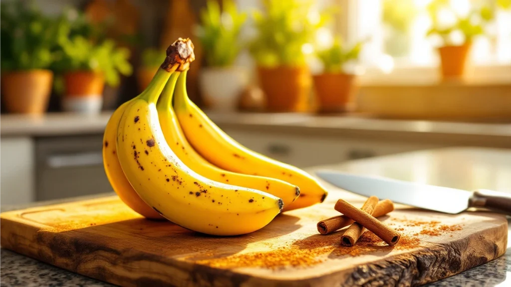 Ripe bananas and plantains on a cutting board with cinnamon sticks and a knife.