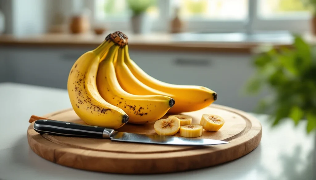 Banana slices frying in batter in a pan with oil bubbling.