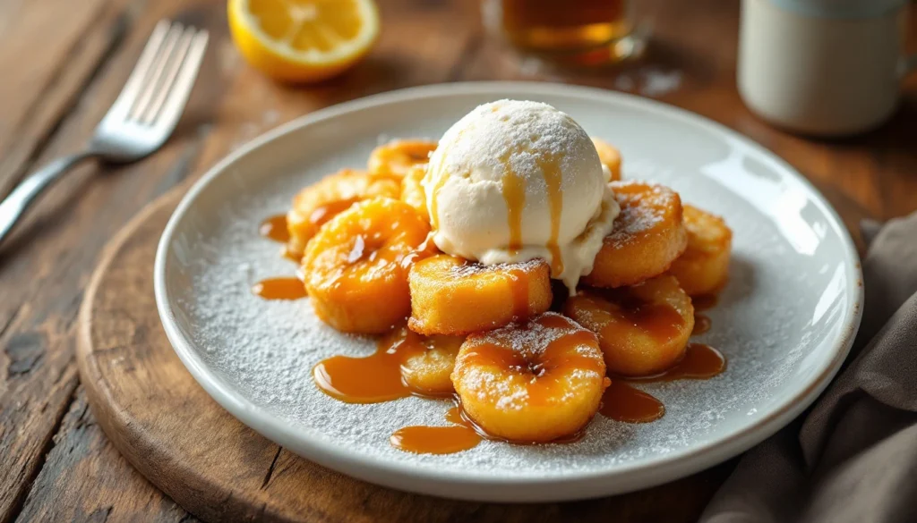 Plated fried bananas with powdered sugar, ice cream, and caramel sauce.