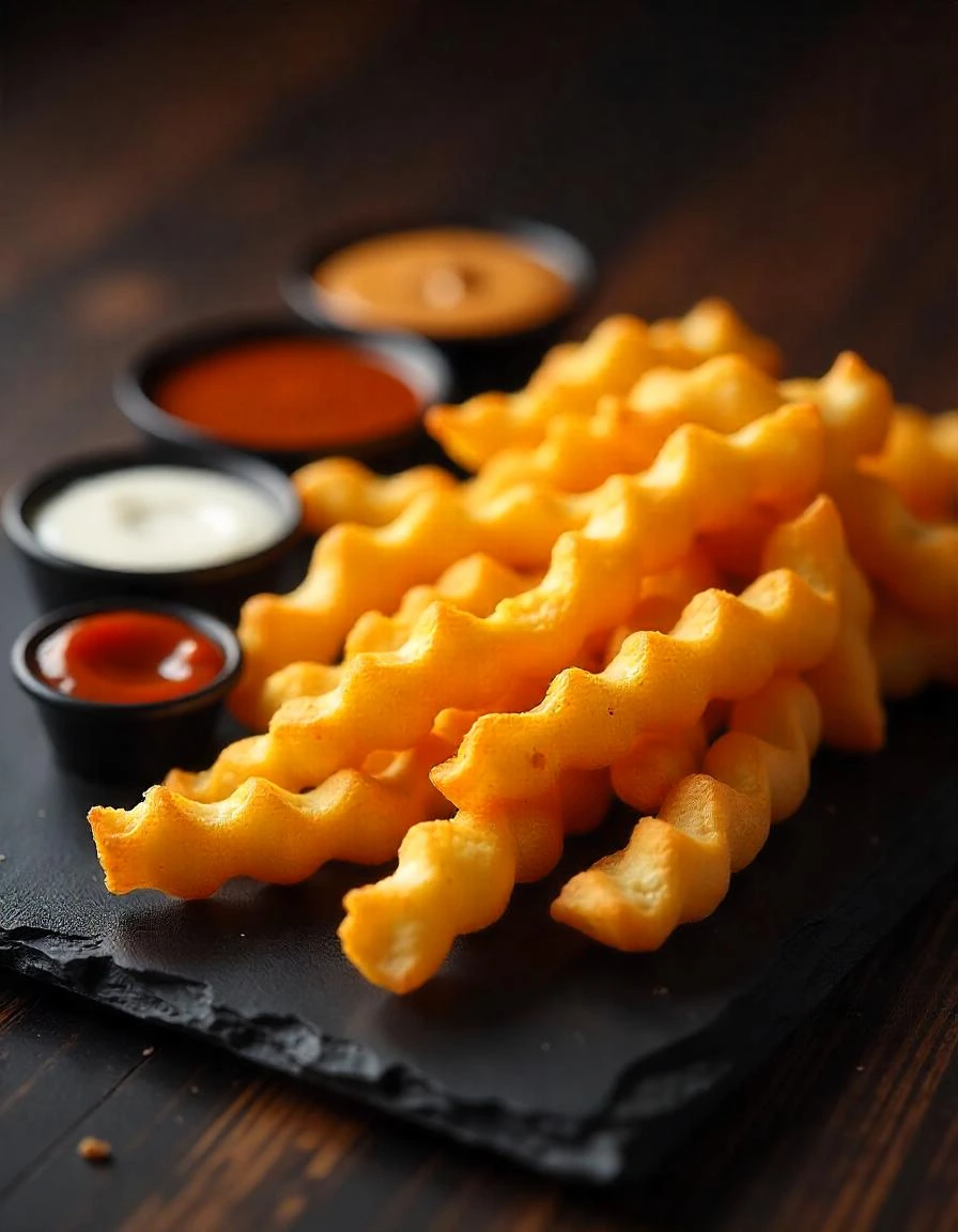 Golden crinkle cut french fries served on a plate with ketchup.