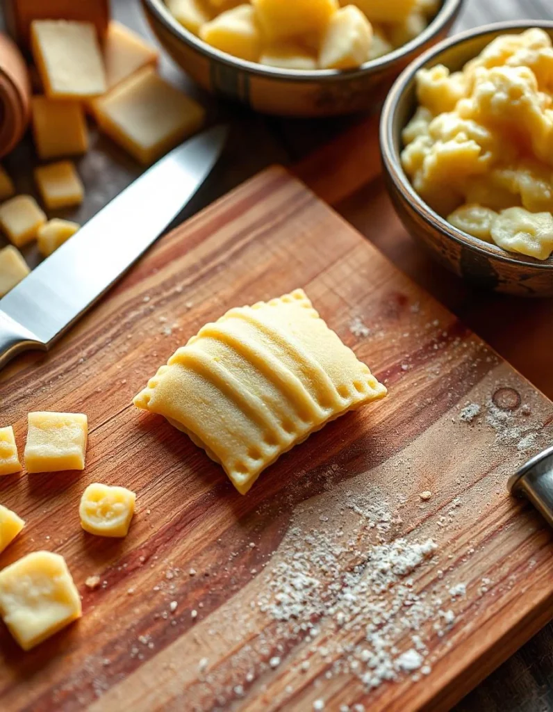 "Close-up of a wooden gnocchi board with dough and freshly shaped gnocchi nearby."