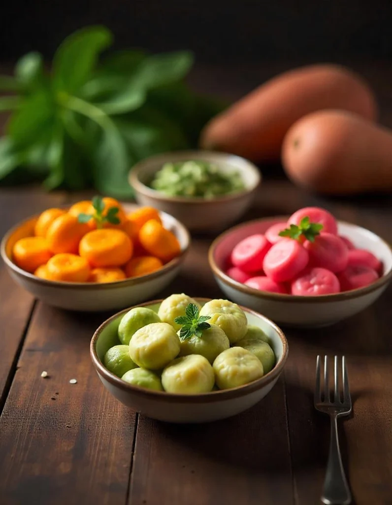 Four creative gnocchi variations: sweet potato, spinach, beet, and ricotta, presented with fresh ingredients.