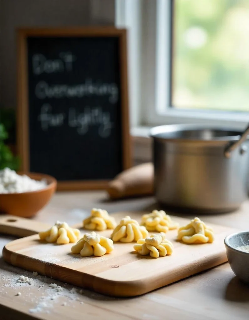 Organized kitchen setup with a gnocchi board, shaped gnocchi, flour, and a chalkboard with gnocchi-making tips.