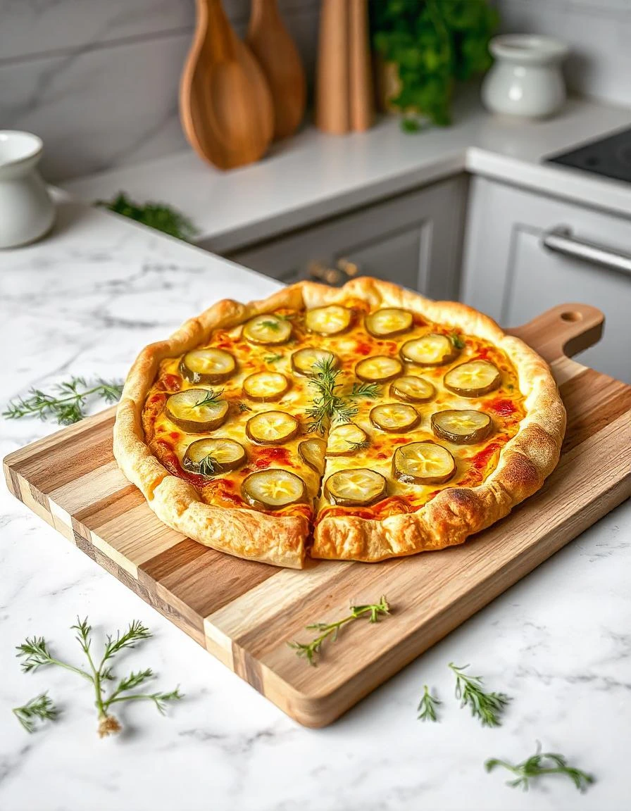 Freshly baked pickle pie pizza with melted cheese and pickles on a wooden cutting board.