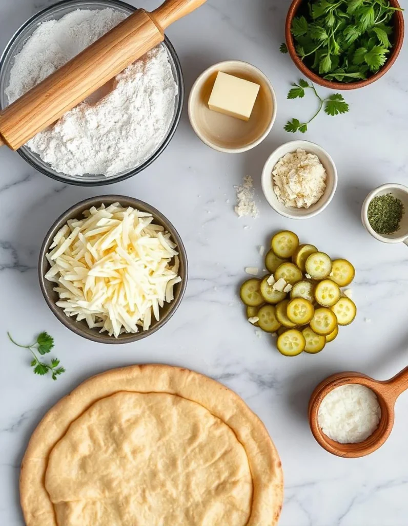Ingredients for pickle pie pizza including flour, butter, cheese, pickles, and fresh herbs on a marble countertop.