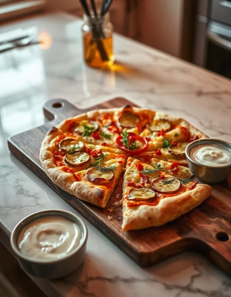 Pickle pie pizza served with dipping sauces and garnished with fresh dill and red pepper flakes.