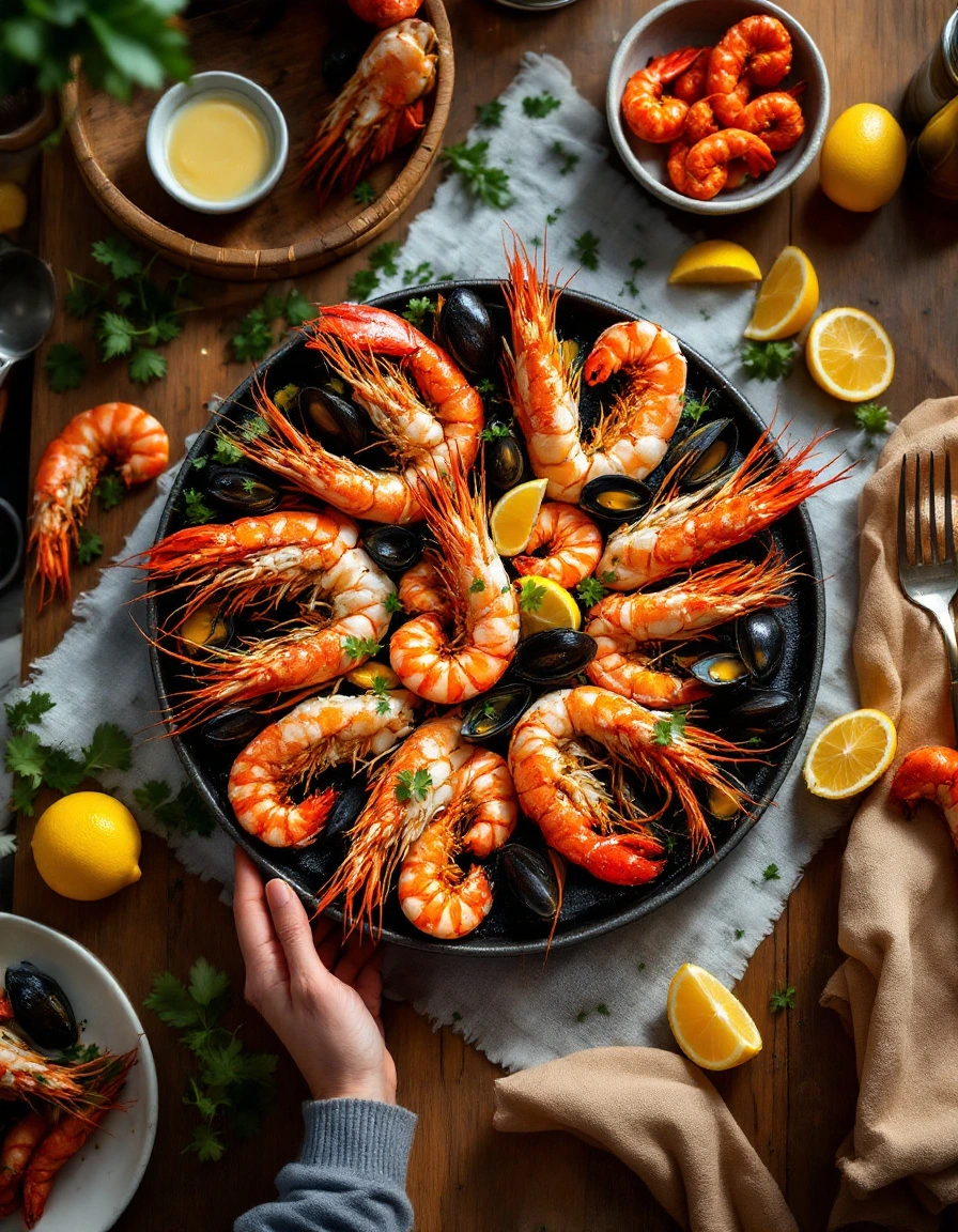 Top-down view of a seafood broil platter with shrimp, crab, lobster, and mussels on a rustic table.