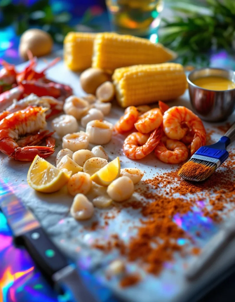 Fresh seafood ingredients and vegetables prepared for a seafood broil on a kitchen countertop.