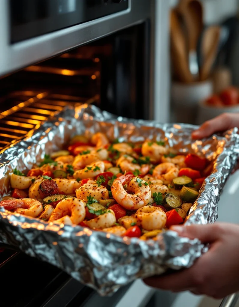 Seafood broil on a tray with butter marinade, ready to be cooked in the oven.