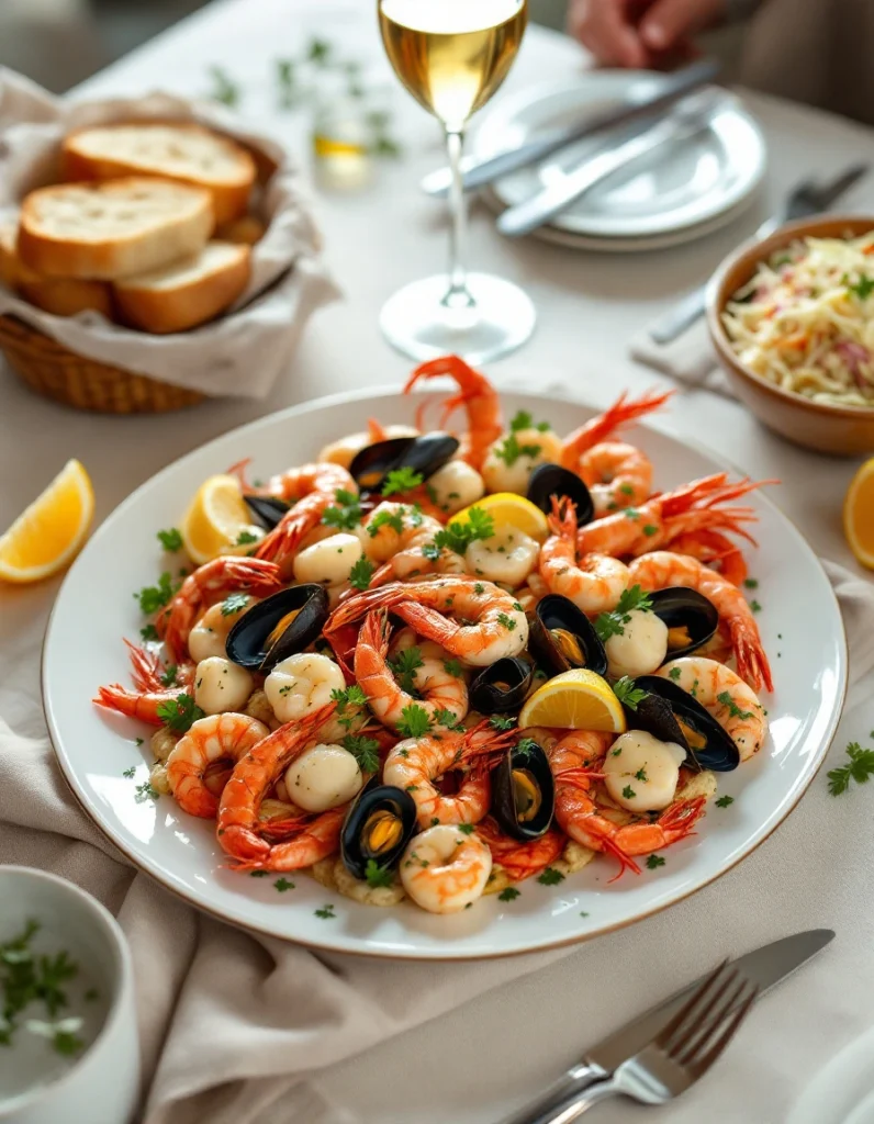 Cooked seafood broil served on a platter with garlic bread, coleslaw, and white wine.
