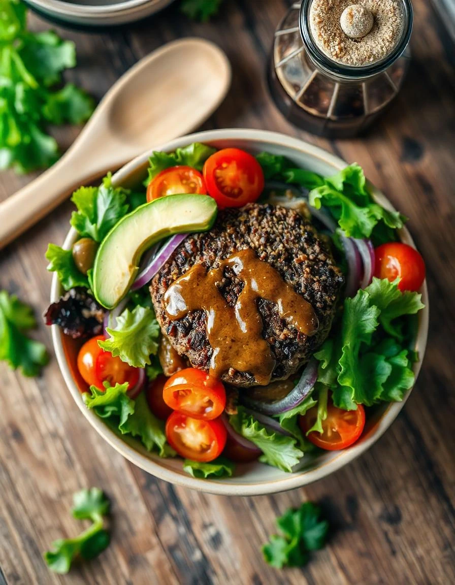 Overhead view of a colorful burger bowl with fresh ingredients on a wooden table.