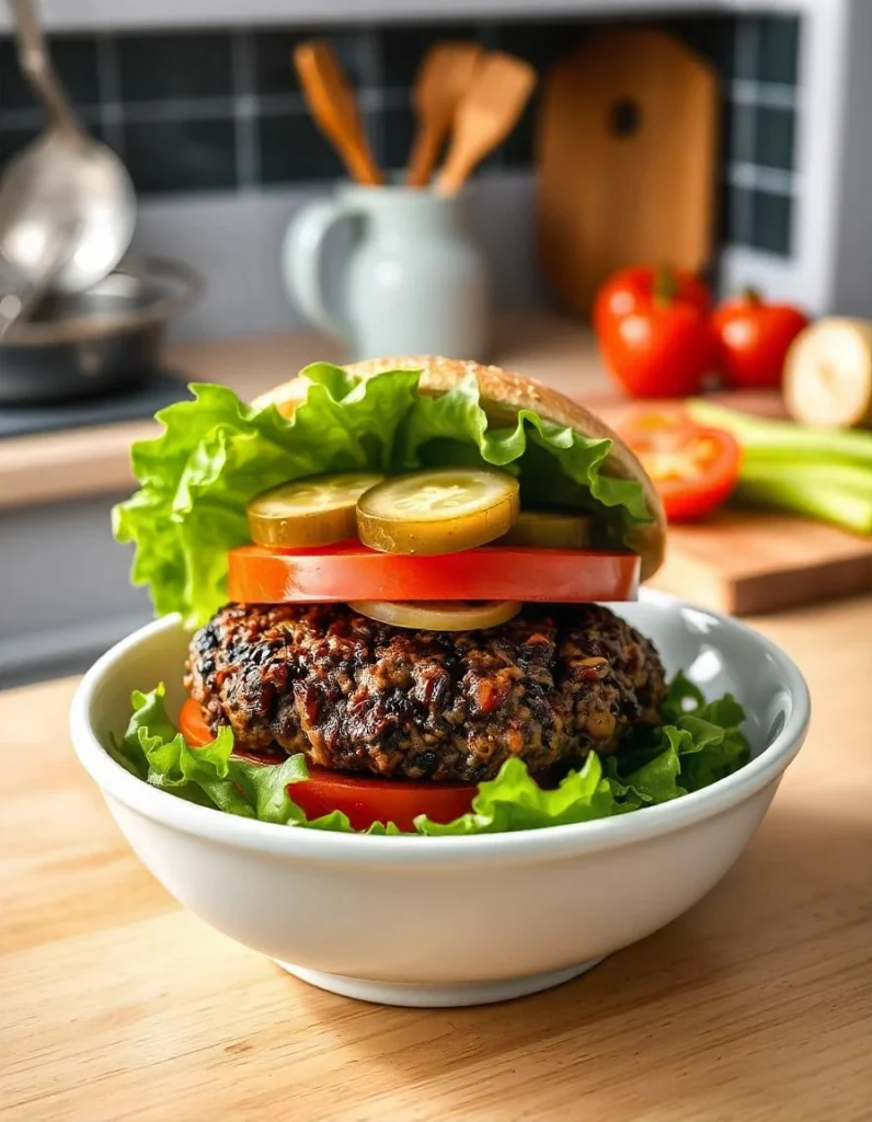 Side angle of a classic burger bowl with fresh toppings on a kitchen counter.