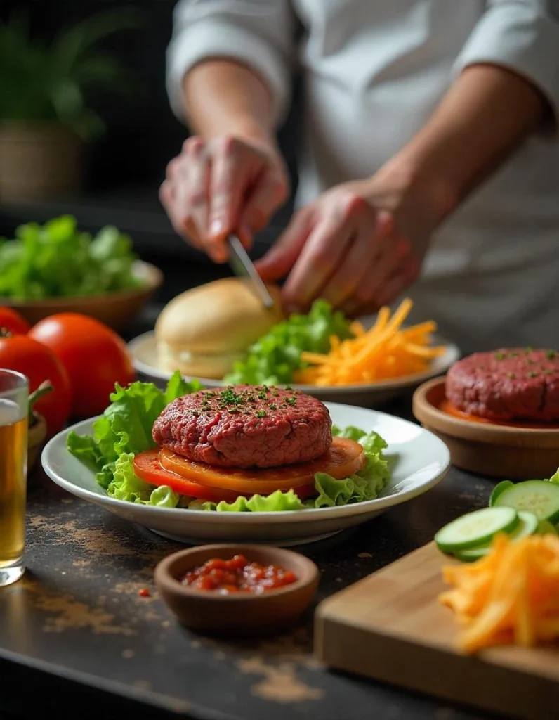 Flat lay of burger bowl ingredients with a chef’s hands assembling the bowl.