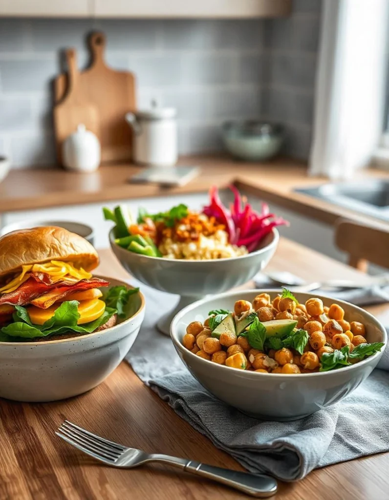 Three creative burger bowl variations with diverse ingredients on a styled kitchen table.
