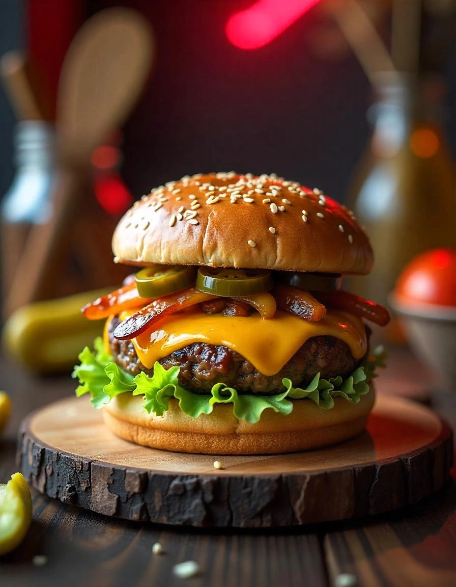 Close-up of a classic Texas burger with cheddar cheese, bacon, and jalapeños on a wooden cutting board in a rustic kitchen.