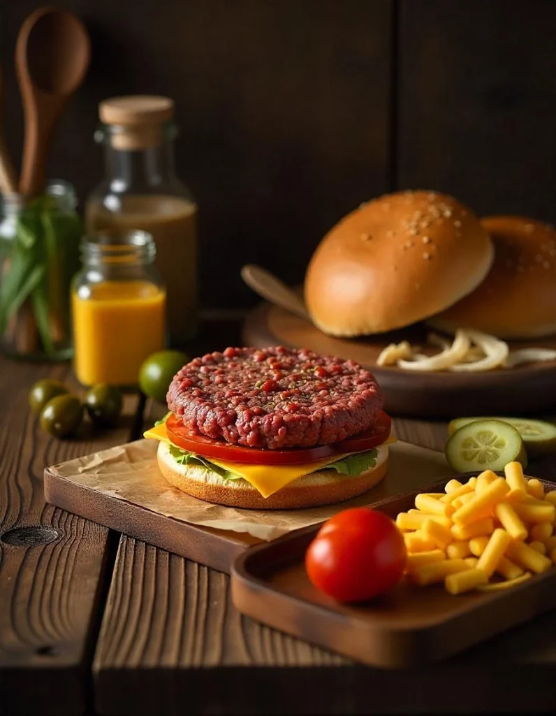 Ingredients for a Texas burger, including beef patties, cheese, onions, lettuce, and buns, arranged on a wooden countertop.