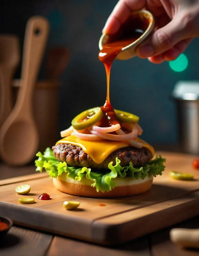 Step-by-step assembly of a Texas burger with layers of lettuce, beef patty, cheese, caramelized onions, and barbecue sauce.