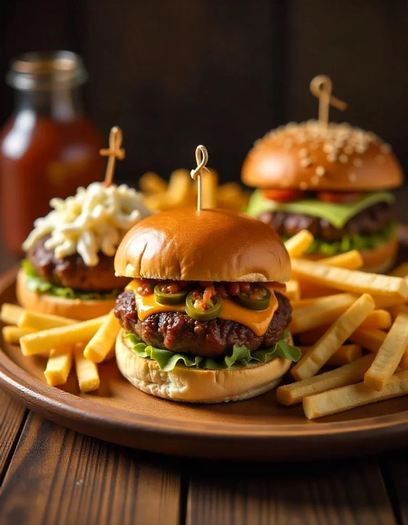 Creative Texas burger variations with BBQ brisket, Tex-Mex toppings, and sweet-and-spicy flavors, served with fries.